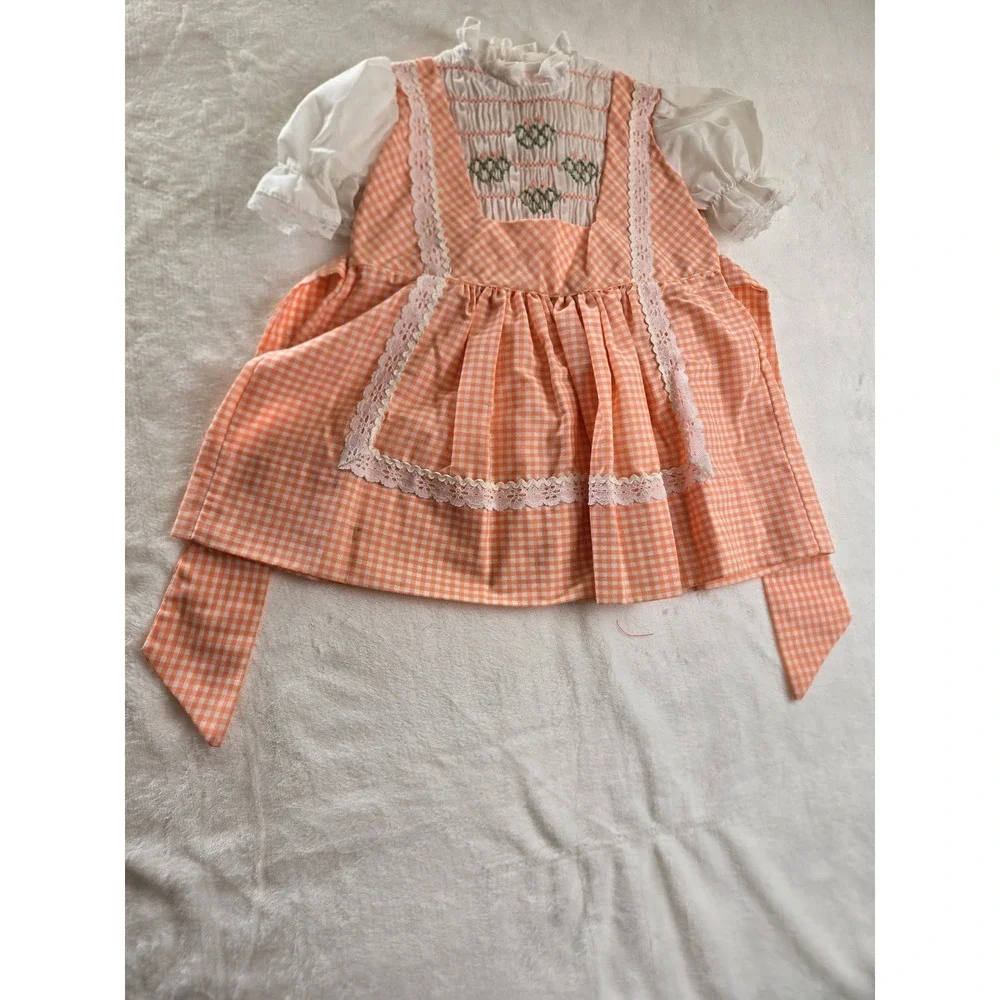 Polly Flinders Vintage Girls Orange Gingham Hand Smocked Dress Size T4 Lace Trim
